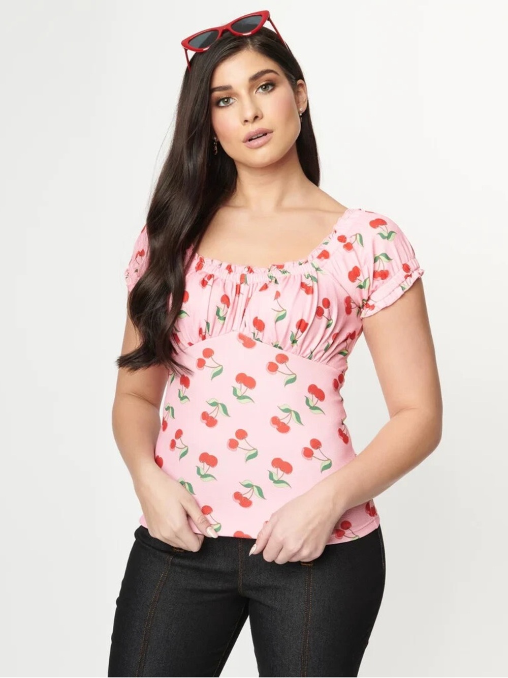 NWT Unique Vintage Cherry Print Short Puff Sleeve Top Large - Picture 4 of 10